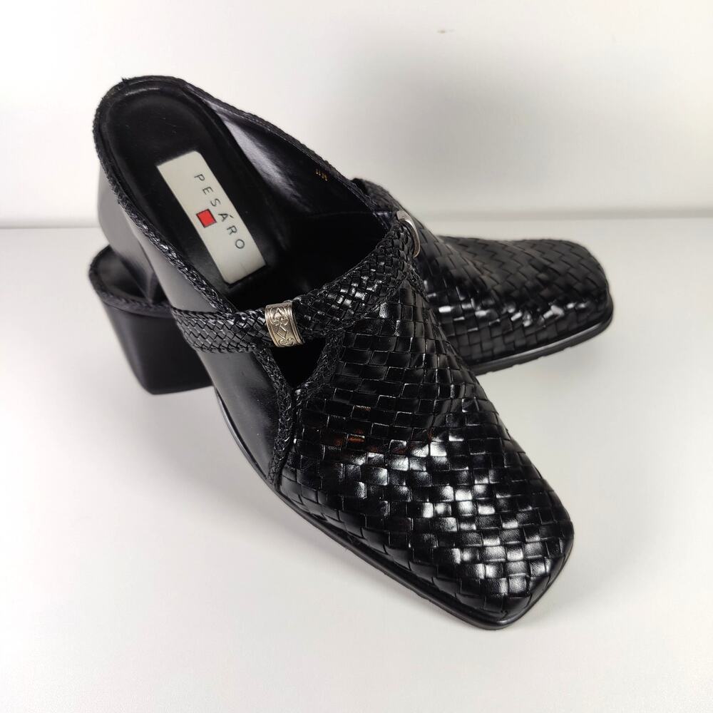 Pesaro Leather Black Mule Slides Heel 11